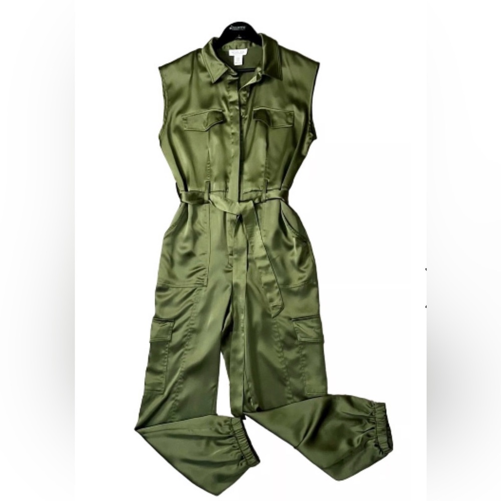 Rachel Zoe Olive Green Satiny Cargo Jogger Belted jumpsuit Size 2